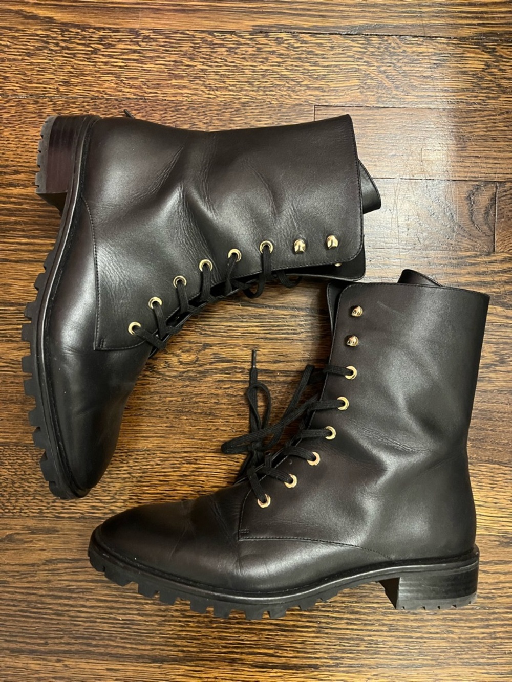 Stuart Weitzman Women's Black Lace-Up Leather Combat Boots